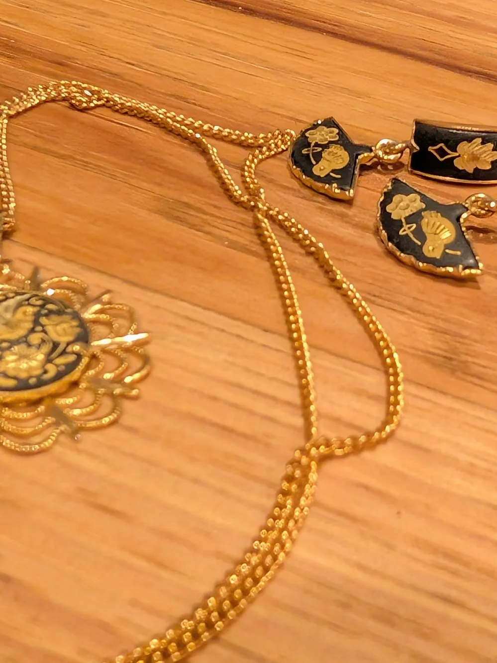 Gold and Black Floral Damascene Pendant Necklace with Matching Earrings